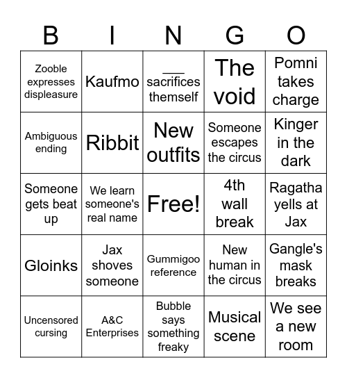 The Amazing Digital Circus Finale Bingo Card