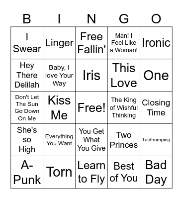 Pop Rock Bingo Card