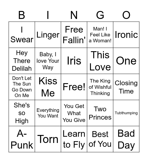 Pop Rock Bingo Card