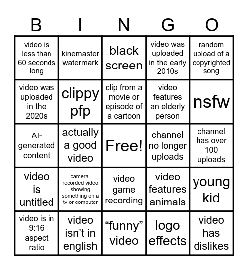 Zero-view YouTube Bingo Card
