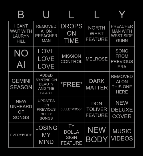 BULLY DELUXE PREDICTIONS Bingo Card