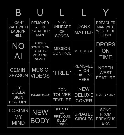 BULLY DELUXE PREDICTIONS Bingo Card