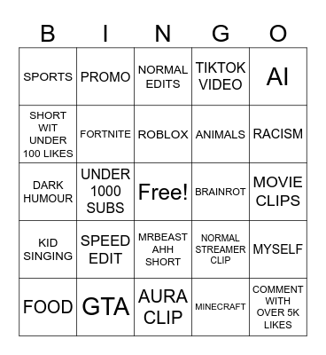 Youtube Shorts Bingo Card
