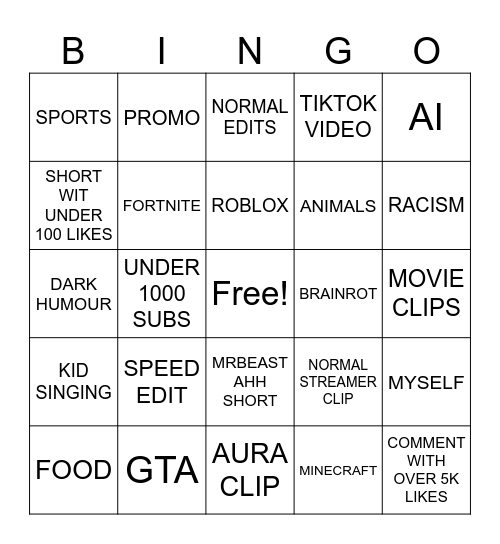 Youtube Shorts Bingo Card