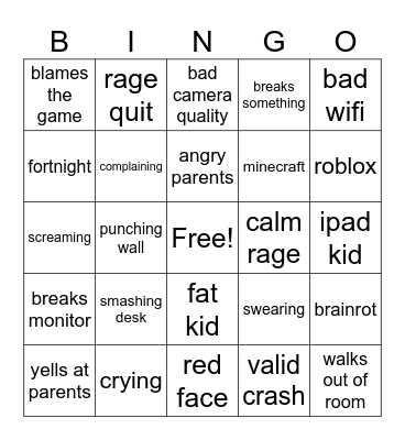 kids gamer rage bingo Card
