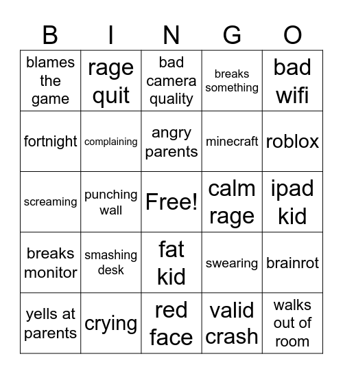 kids gamer rage bingo Card