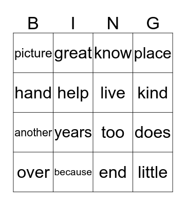 HFW 5-8 Bingo Card