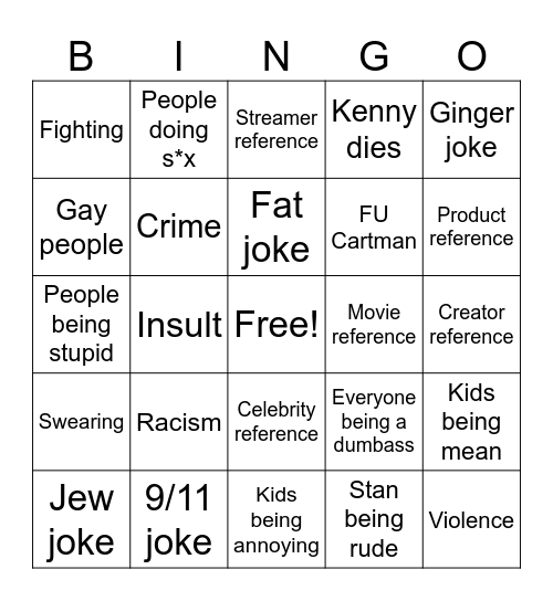 South Park chat Bingo Card
