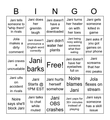 Jani Bday Bingo Card