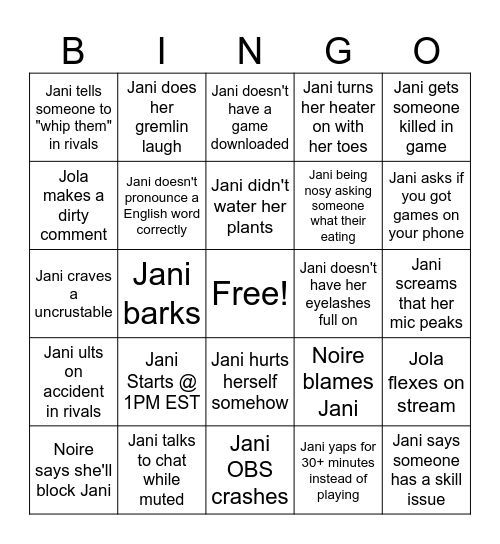 Jani Bday Bingo Card