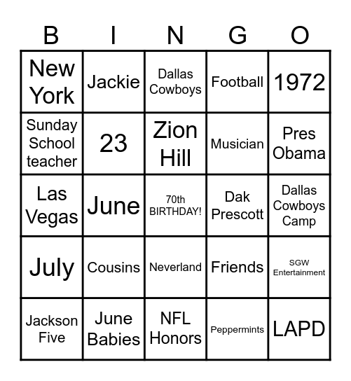 SABRINA'S 70TH BIRTHDAY Bingo Card