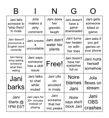 Jani Bday Bingo Card
