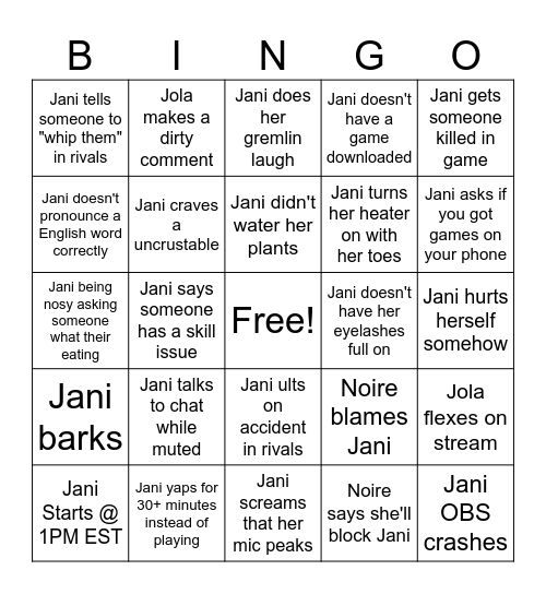 Jani Bday Bingo Card