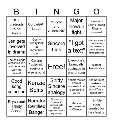 Love Island Shots Bingo Card
