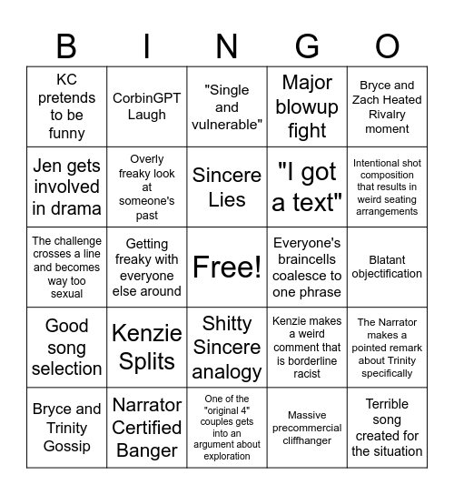 Love Island Shots Bingo Card
