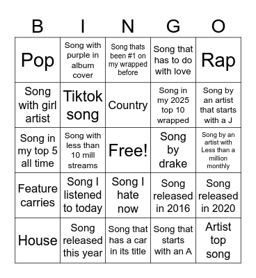 Liked songs playlist Bingo Card