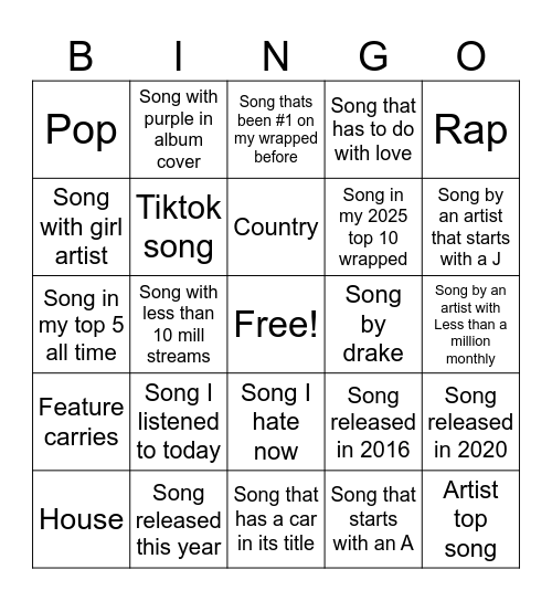 Liked songs playlist Bingo Card