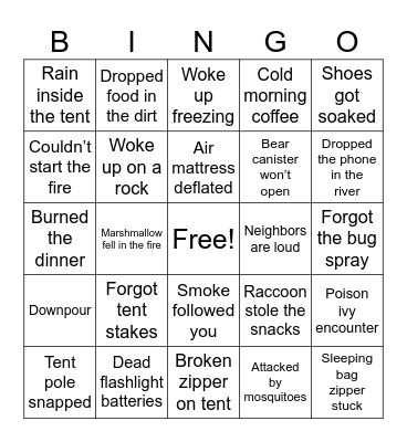 Camping Mishaps Bingo Card