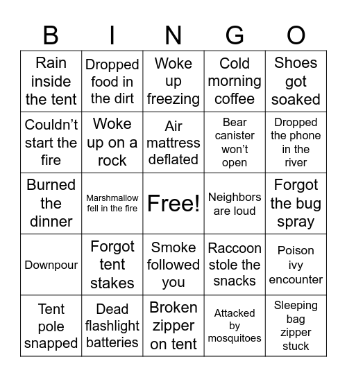 Camping Mishaps Bingo Card