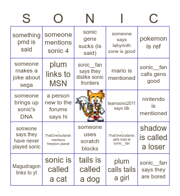 Sonic Forum topic bingo Card