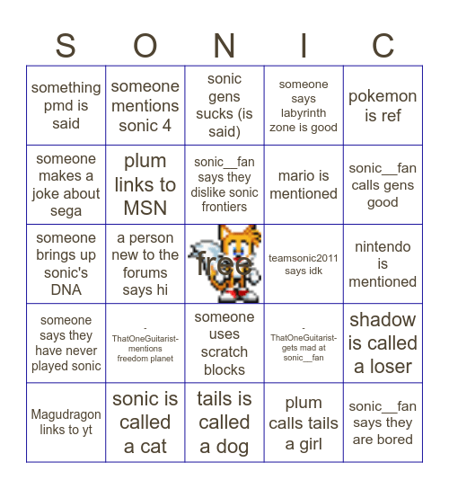 Sonic Forum topic bingo Card