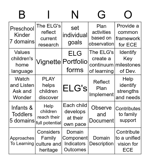 New Mexico Early Learning Guidelines Birth-K Bingo Card