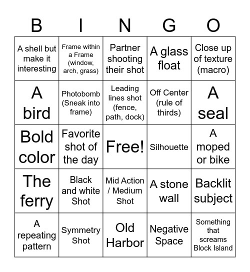 Block Island Photography Bingo :3 Bingo Card