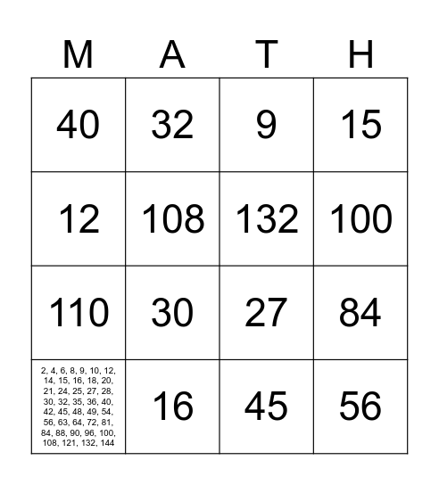 บิงโก สูตรคูณ  Bingo Card