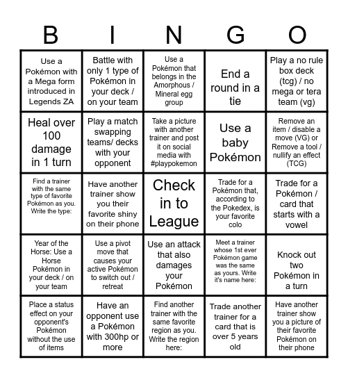 Pokémon TCG/VG Bingo Card