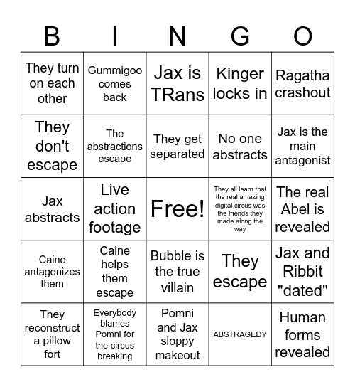 Digital Circus Finale Bingo Card