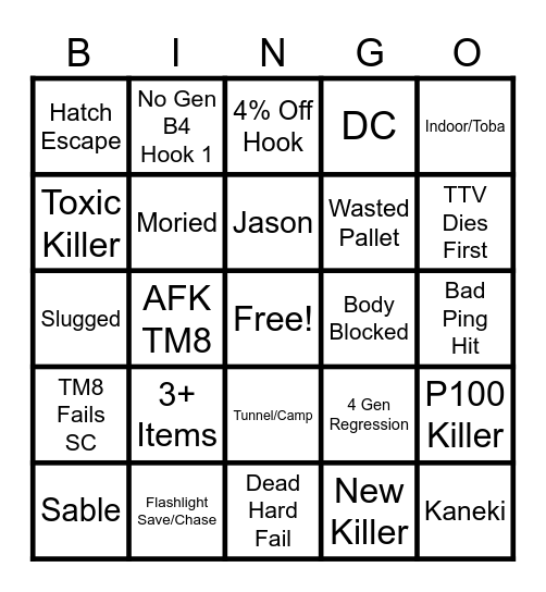 Dead By Daylight Bingo Card