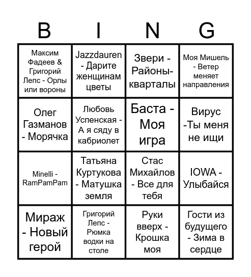 Музыкальное бинго Bingo Card