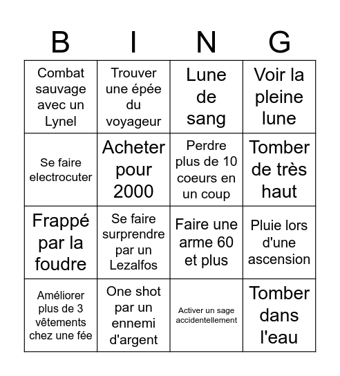 Les aventures Zelda Bingo Card