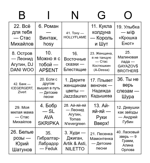 Музыкальное лото Bingo Card