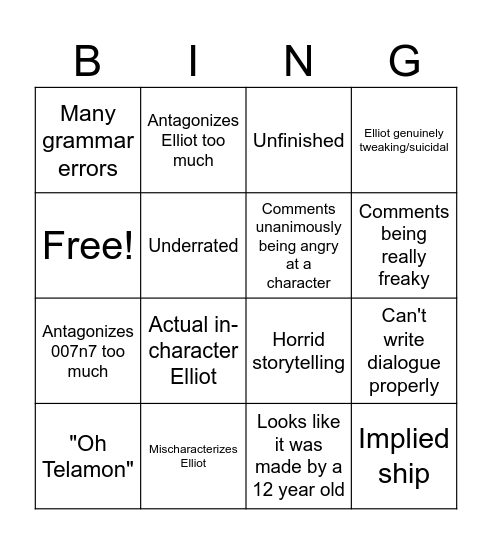 Elliot-centric Forsaken fanfiction bingo Card