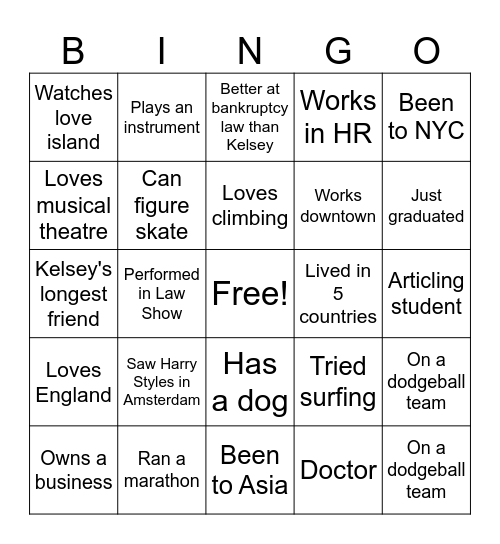Kelsey's Birthday Bingo Card