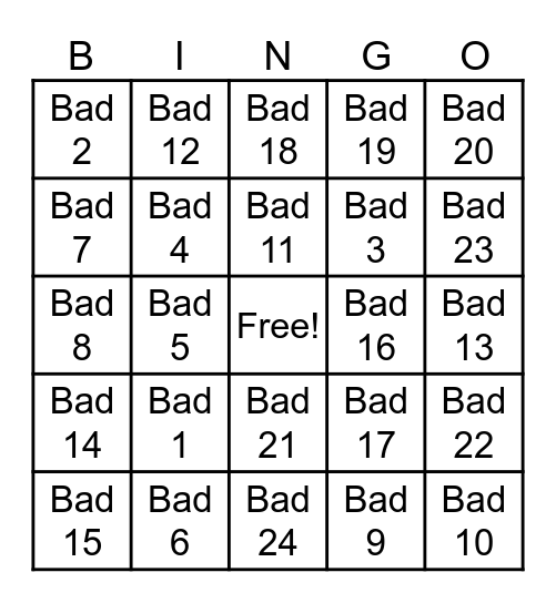 Bad Game Bingo Card