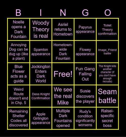 Deltarune Chapter 5 Bingo Card