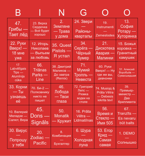 Muzbingo.lv Bingo Card