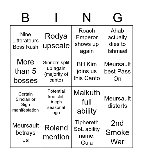 Canto 10 bingo card S Bingo Card