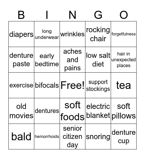 over the hill Bingo Card