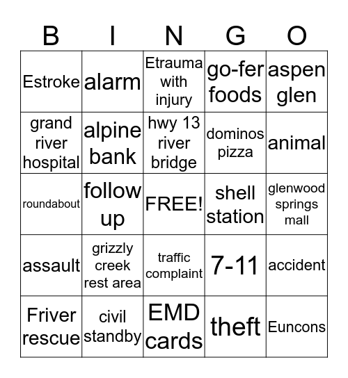 GCECA Call Taking Bingo Card