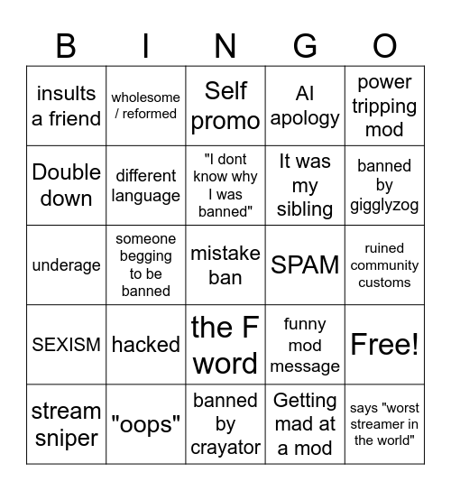Unban Bingo Card