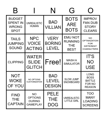 Sonic The Hedgehog (2006) Bingo Card