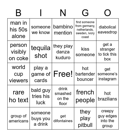 Night Out Bingo Card
