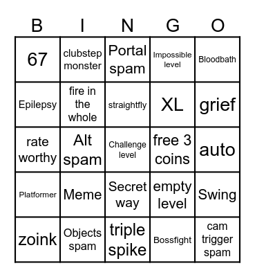 Geometry dash BINGO Card