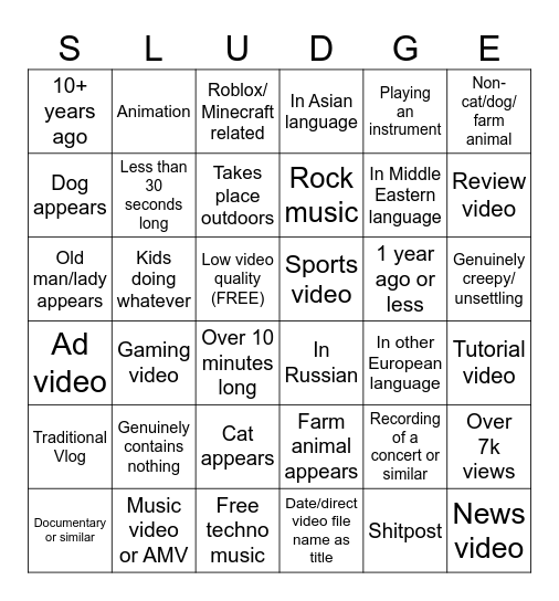 YouTube Randomizer Bingo Card