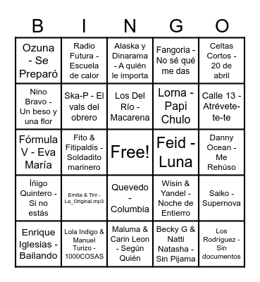 Bingo Musical Bingo Card