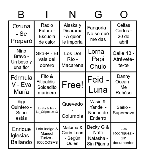 Bingo Musical Bingo Card