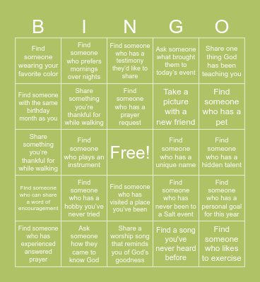 Worship and Walk Bingo Card